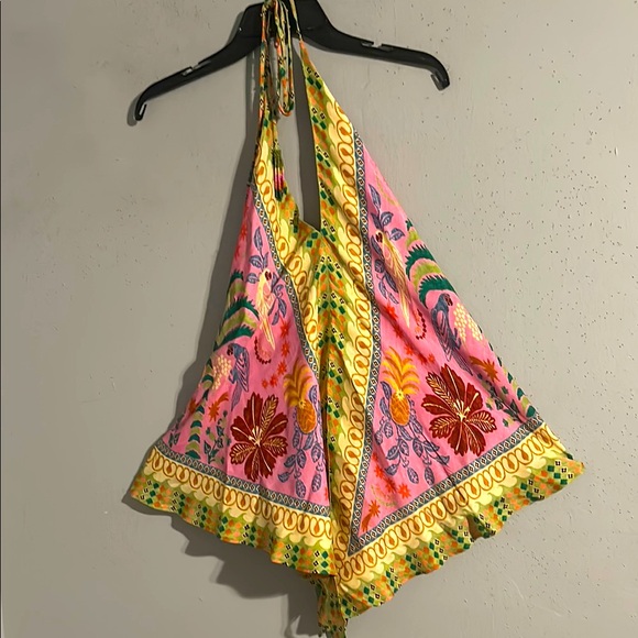 FARM Rio Tops - Farm Rio Fruit of queen scarf pink blouse Vibrant Pink and Yellow Halter Top NWT